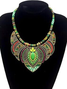 Green Bohemian Statement Necklace Chunky Boho Beaded